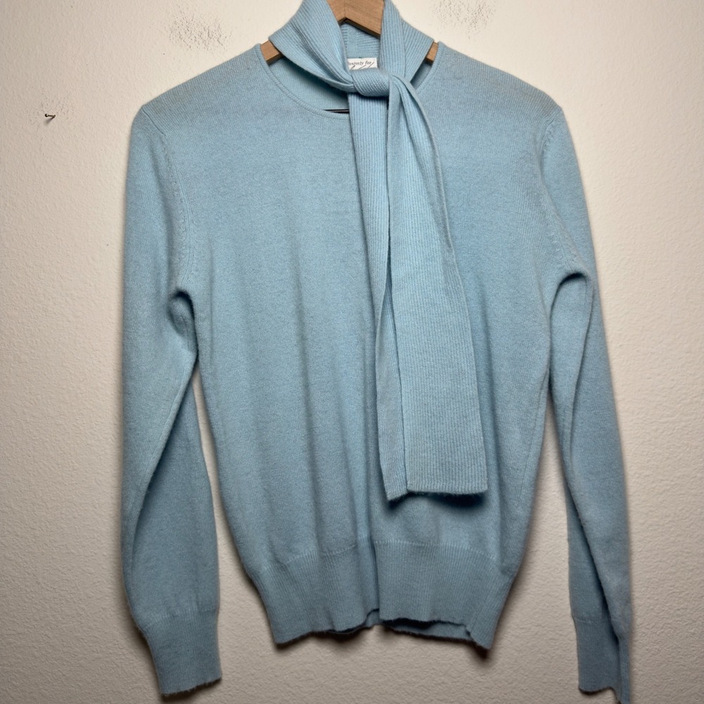 Lord & Taylor Women 100% Cashmere Sweater Medium Mod Blue Tie Neck Preppy
